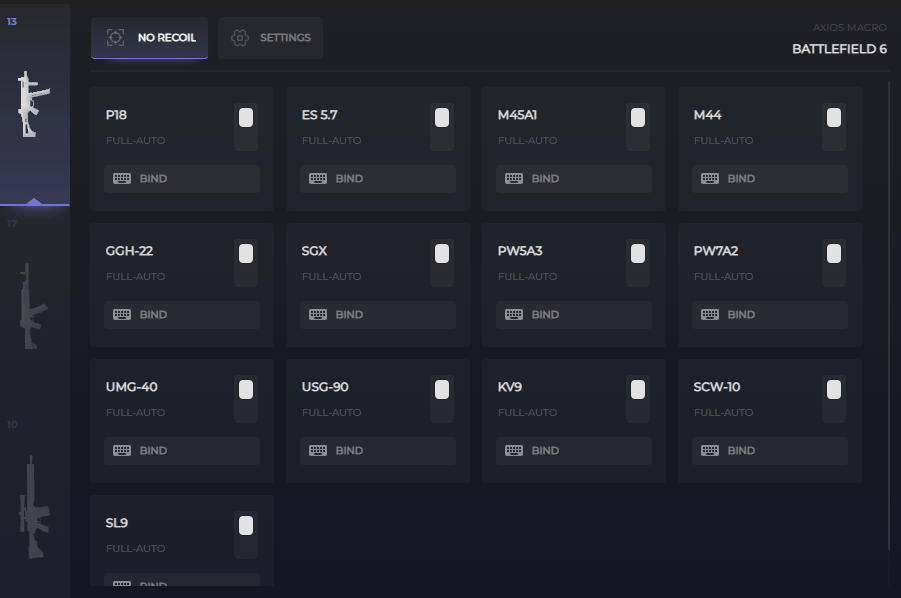 Macro settings panel and weapon selection for BATTLEFIELD 6